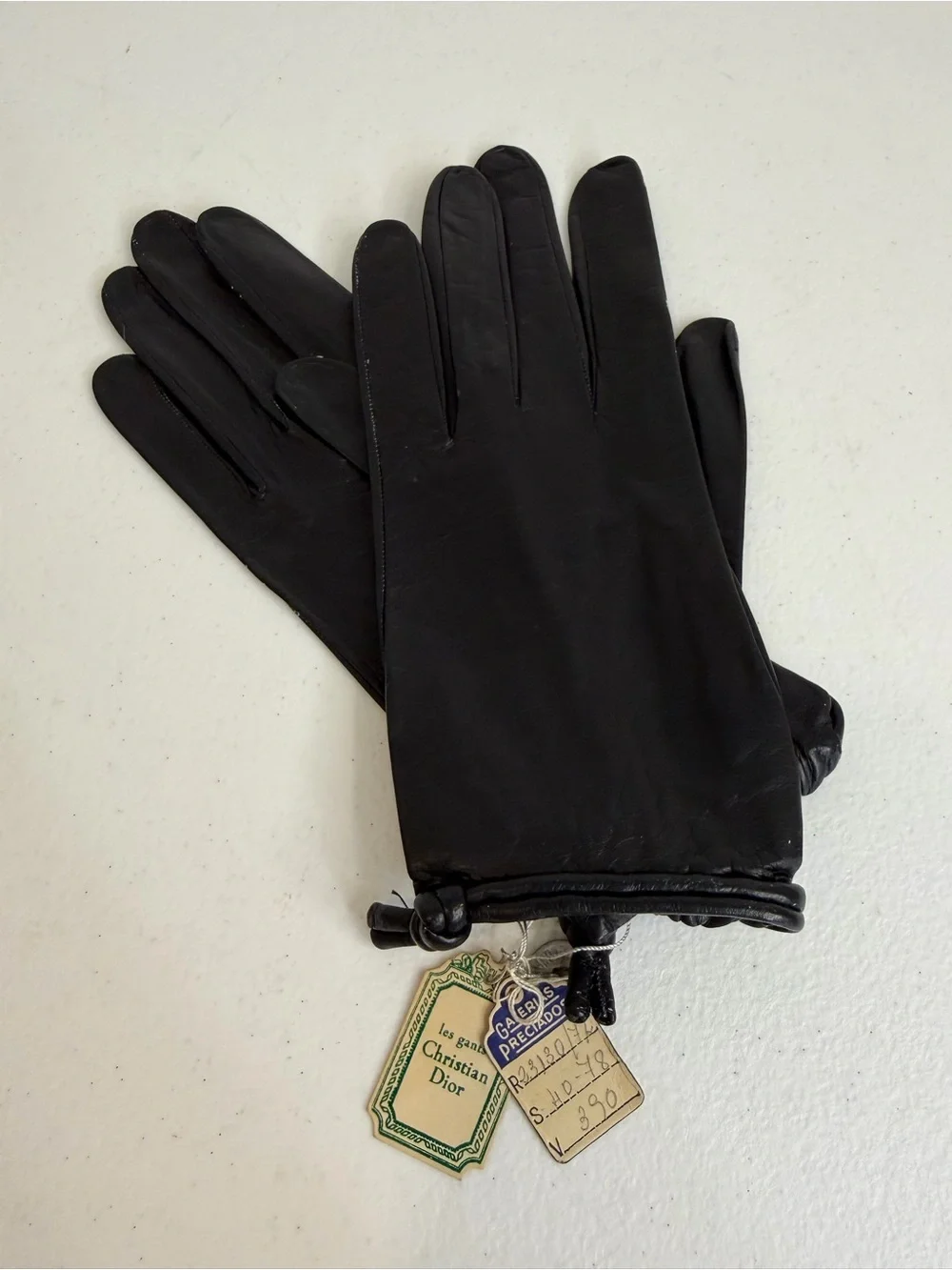 Vintage Christian Dior Black Leather Gloves Rolled Cuff Size 7½